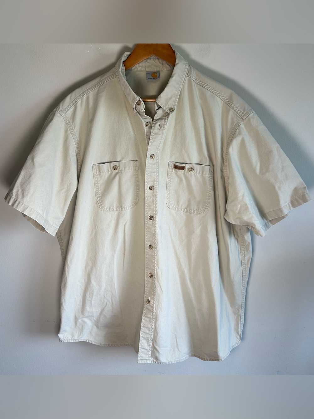 Vintage Carhartt Men’s Beige Canvas Cotton Button Up Shirt Workwear Size XL/XXL